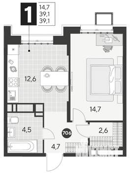 1-к квартира, строящийся дом, 39м2, 11/21 этаж