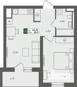 1-к квартира, строящийся дом, 45м2, 5/7 этаж