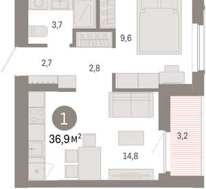 1-к квартира, вторичка, 37м2, 4/16 этаж