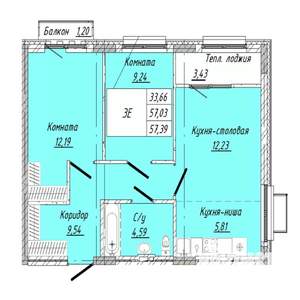 2-к квартира, строящийся дом, 57м2, 6/8 этаж
