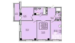 3-к квартира, строящийся дом, 69м2, 12/16 этаж