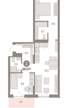 2-к квартира, вторичка, 67м2, 6/9 этаж