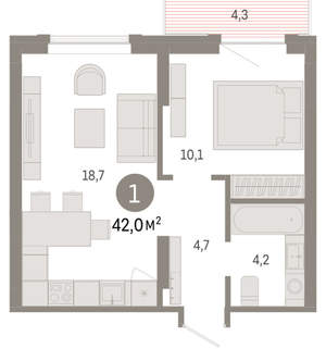1-к квартира, вторичка, 42м2, 8/9 этаж