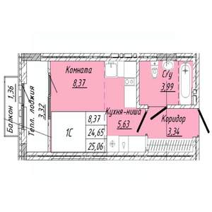 1-к квартира, строящийся дом, 25м2, 6/8 этаж