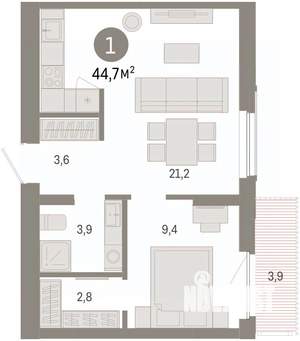 1-к квартира, вторичка, 45м2, 6/8 этаж