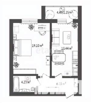 1-к квартира, строящийся дом, 47м2, 10/16 этаж