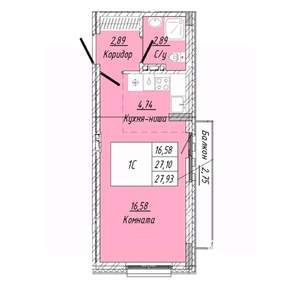 1-к квартира, строящийся дом, 28м2, 4/8 этаж