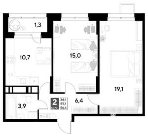 2-к квартира, вторичка, 56м2, 18/21 этаж
