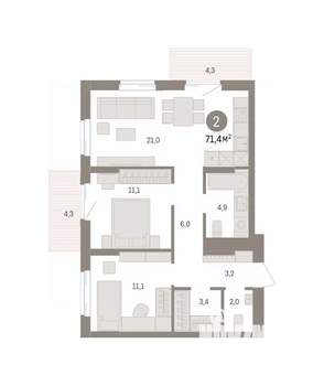 2-к квартира, вторичка, 71м2, 5/14 этаж