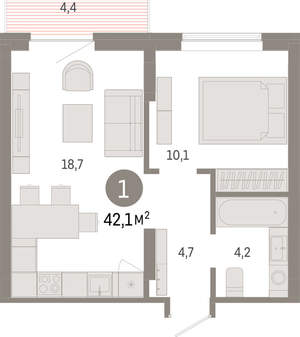 1-к квартира, вторичка, 42м2, 3/9 этаж
