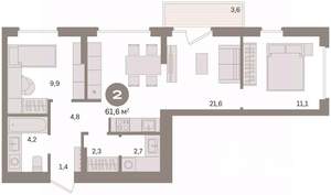 2-к квартира, вторичка, 62м2, 5/16 этаж