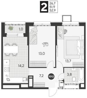 2-к квартира, строящийся дом, 53м2, 17/21 этаж