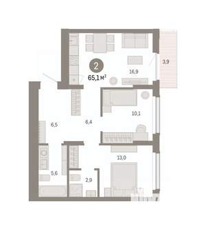 2-к квартира, вторичка, 65м2, 6/16 этаж