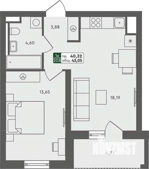 1-к квартира, строящийся дом, 45м2, 4/7 этаж