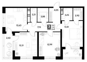 3-к квартира, строящийся дом, 80м2, 1/22 этаж