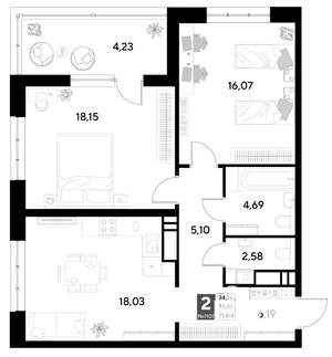 2-к квартира, строящийся дом, 75м2, 4/21 этаж