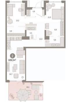 2-к квартира, вторичка, 109м2, 1/9 этаж