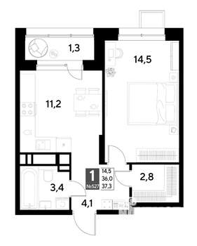 1-к квартира, строящийся дом, 37м2, 11/21 этаж