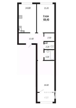 2-к квартира, строящийся дом, 69м2, 14/14 этаж