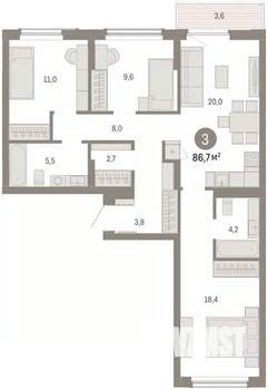3-к квартира, вторичка, 87м2, 5/16 этаж