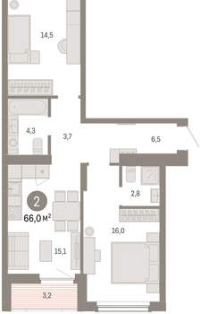 2-к квартира, вторичка, 66м2, 3/16 этаж