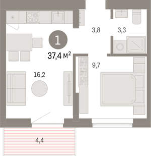 1-к квартира, вторичка, 37м2, 5/9 этаж