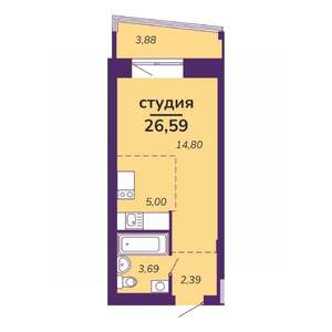 Студия квартира, строящийся дом, 27м2, 6/9 этаж