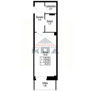 1-к квартира, строящийся дом, 35м2, 13/16 этаж