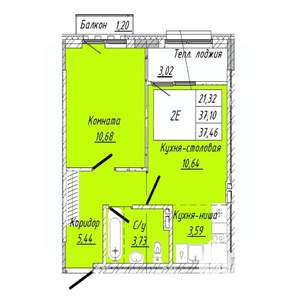 1-к квартира, строящийся дом, 37м2, 7/8 этаж