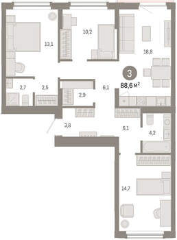 3-к квартира, вторичка, 89м2, 3/16 этаж