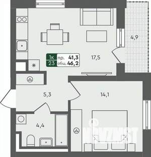 1-к квартира, строящийся дом, 46м2, 4/4 этаж