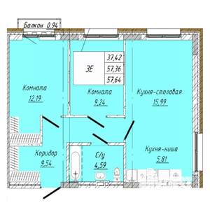 2-к квартира, строящийся дом, 58м2, 4/8 этаж