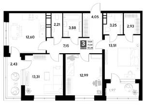 3-к квартира, строящийся дом, 80м2, 2/22 этаж
