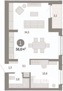 1-к квартира, вторичка, 57м2, 4/16 этаж