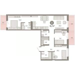 3-к квартира, вторичка, 92м2, 6/9 этаж