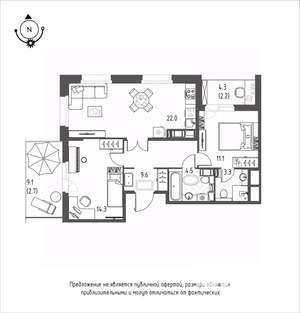 2-к квартира, строящийся дом, 70м2, 11/12 этаж