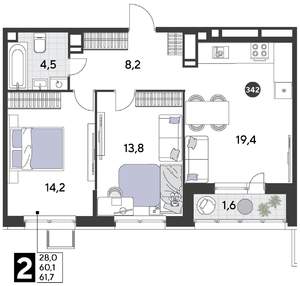 2-к квартира, строящийся дом, 62м2, 11/21 этаж