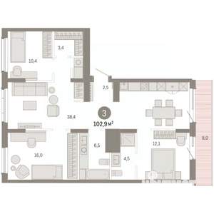 3-к квартира, вторичка, 103м2, 8/9 этаж