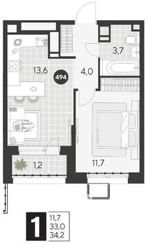 1-к квартира, строящийся дом, 34м2, 15/21 этаж