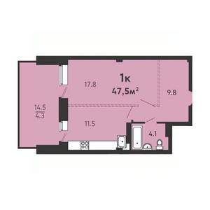 1-к квартира, строящийся дом, 43м2, 4/16 этаж