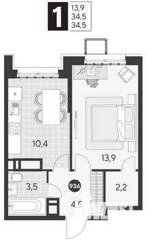 1-к квартира, строящийся дом, 35м2, 11/21 этаж