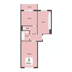 2-к квартира, вторичка, 55м2, 2/10 этаж