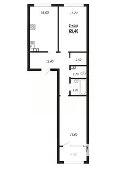 2-к квартира, строящийся дом, 69м2, 12/14 этаж
