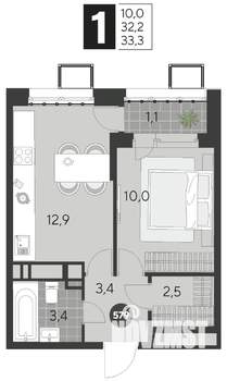 1-к квартира, строящийся дом, 33м2, 12/21 этаж