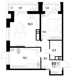 2-к квартира, вторичка, 58м2, 15/21 этаж