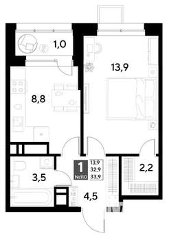 1-к квартира, строящийся дом, 34м2, 10/21 этаж