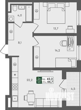 2-к квартира, строящийся дом, 67м2, 1/4 этаж