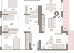 3-к квартира, вторичка, 123м2, 7/9 этаж