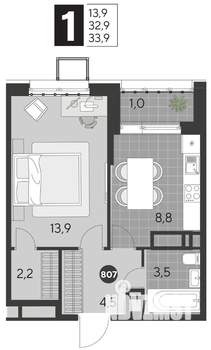 1-к квартира, строящийся дом, 34м2, 2/21 этаж