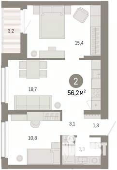 2-к квартира, вторичка, 56м2, 4/16 этаж